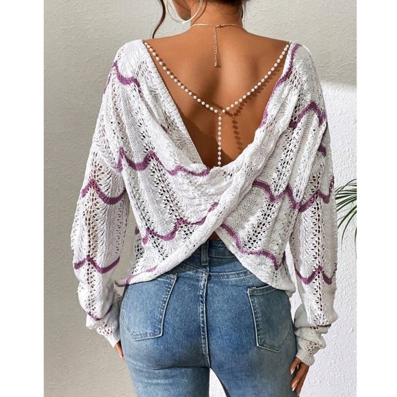 Twist Back Pearl Detail Pointelle Knit Sweater - Picture 3 of 6